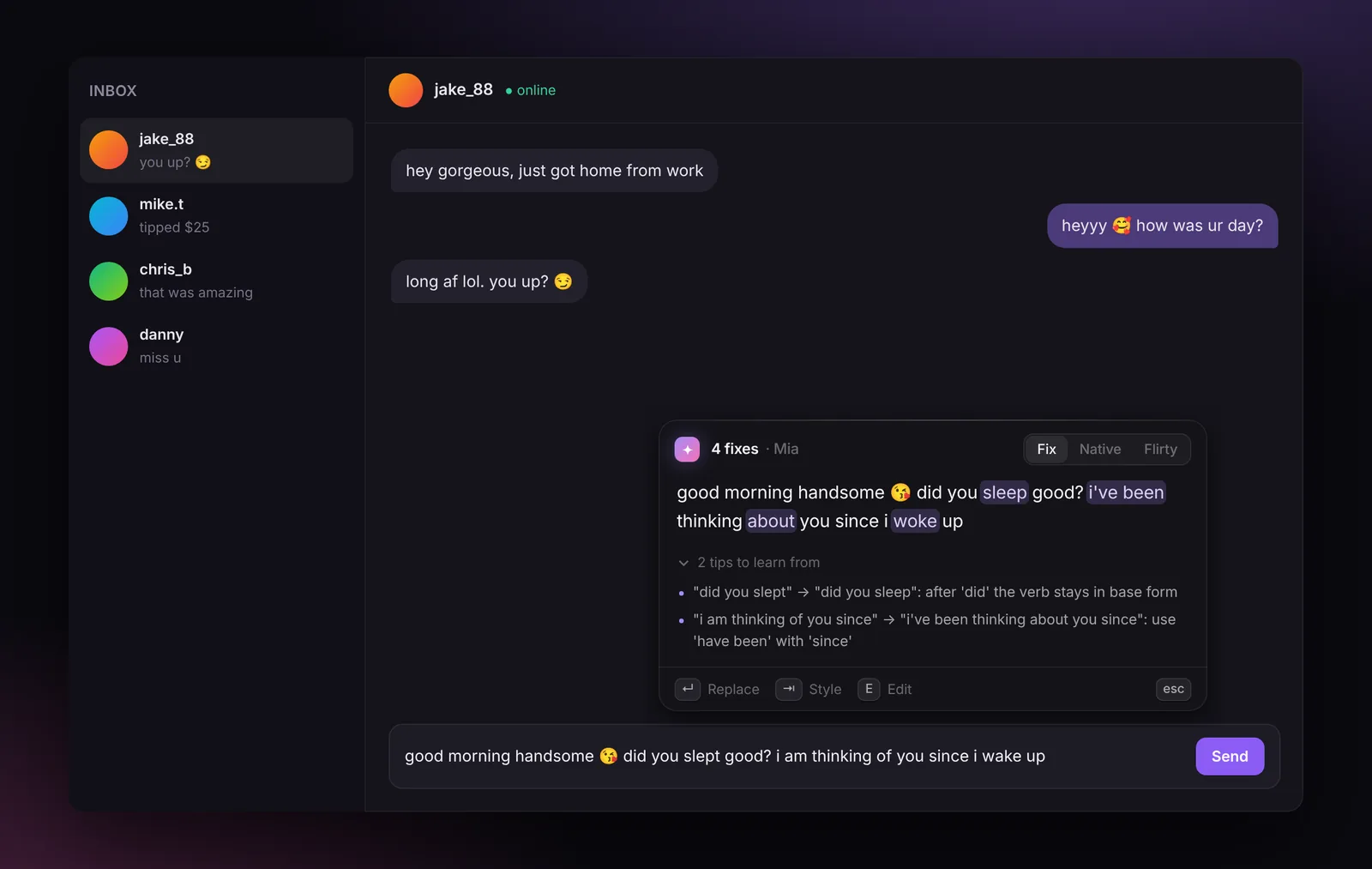 The Flawless popup above a chat, showing four highlighted fixes in a message and tips that explain them.